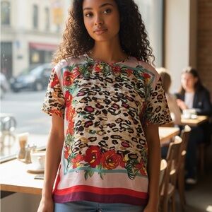 Leopard and Floral Print Short Sleeve Top